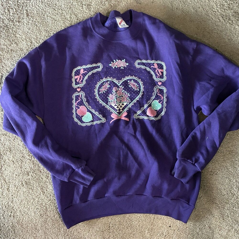 Vintage Jerzees Purple Floral Heart Sweatshirt Made USA Cottage Grandmacore Sz M